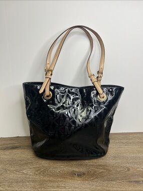 Michael Kors Black Patent MK Logo Tote Bag Tan Leather Straps Gold Hardware